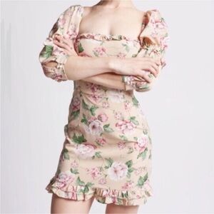 NWT Eggie Chloe Floral Ruffled Puff Sleeve Square Neck Mini Dress Size Medium